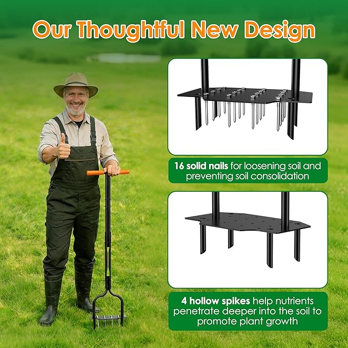 2-in-1 Lawn Aerator, Heavy Duty Manual Core Aerator Lawn Tool with 16 Iron Spikes & 4 Hollow Tines Garden Tools for Yard Grass Soil