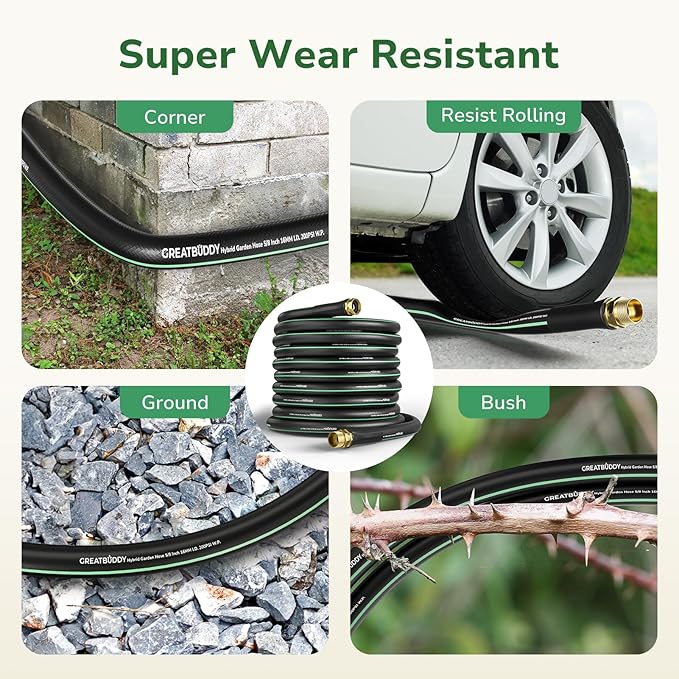GreatBuddy 100 ft Garden Hose, 5/8" Water Hose 100ft Heavy Duty, Flexible, Lightweight Hybrid Hose, Burst 600 PSI with Solid Brass Male to Female Fittings Leakproof Hose for Backyard, Garden
