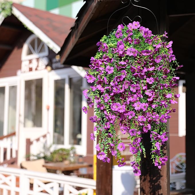 Artificial Flowers for Outdoors Faux Plants for Spring Summer Decoration,6 Bundles UV Resistant Realistic Silk Hanging Flowers Indoor Garden Porch Patio Balcony Yard Farmhouse（Purple）
