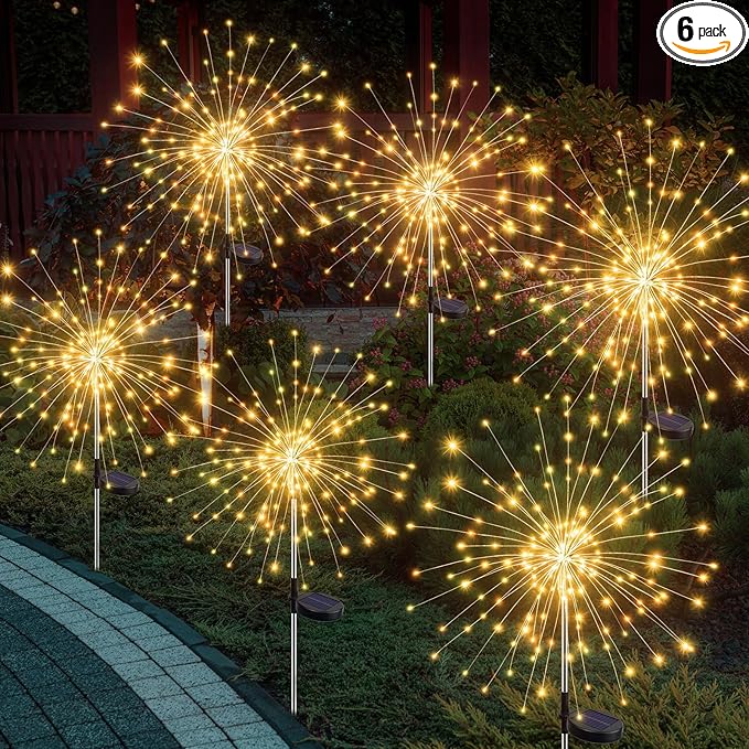 btfarm 6 Pack 120 LED Solar Garden Lights Outdoor, 8 Modes Firework Lights Solar Powered, Waterproof Twinkle Fairy Light Outside for Yard Patio Pathway Pool Christmas Party Decorative, Warm White