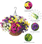 HyeFlora Artificial Hanging Flowers Faux Plants Basket for Outdoors Spring Decor, Fake Silk Morning Glory with Eucalyptus in Planter UV Resistant Outdoor Flowers for Outside Porch Patio Garden Home