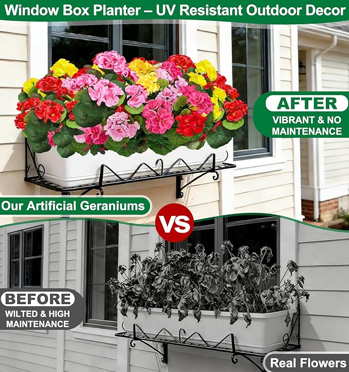 8 Bundles Artificial Geraniums Flowers for Outdoors Summer Decoration, Fake Flowers Silk Color Flowers UV Resistant No Fade Look Real Faux Plants for Porch Gardens Planter Patio Spring Cemetery Decor