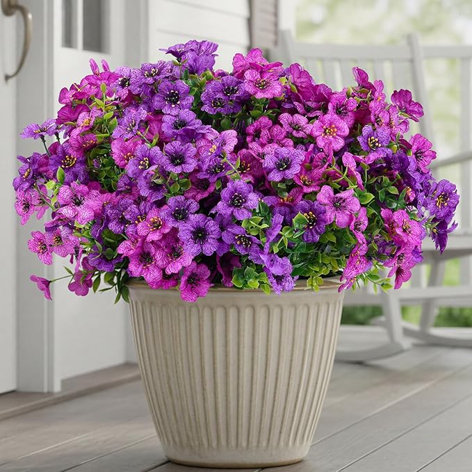 CEWOR 24 Bundles Artificial Flowers for Outdoor Indoor, Fake Silk Daisy with Eucalyptus Leaves, Faux Flower for Garden Front Door Porch Planter Patio Home Decor (Deep Purple Light Purple)