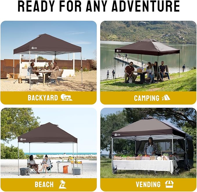 CROWN SHADES 10x10 Pop Up Canopy - Beach Tent with One Push Setup - Outdoor Sun Shade for Events, Parties, Camping - Gazebo with STO-N-Go Cover Bag, Silver Coated Top, 3 Height& 4 Sand Bags, Coffee