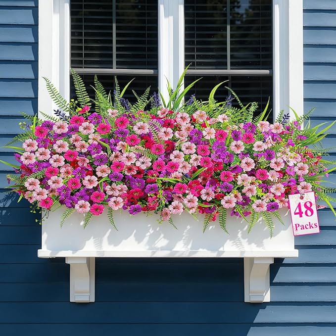Alupssuc 48 Bundles Artificial Flowers for Outdoors Planters Spring Decoration, UV Resistant Faux Eucalyptus Violet and Lavender Silk Fake Plants for Outside Indoor Yard Home Patio Decor, Mix 3 Colors