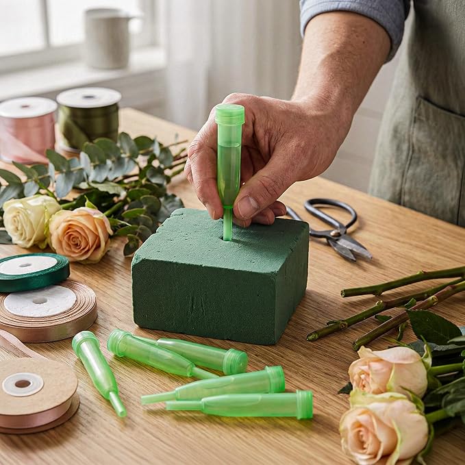 Royal Imports Floral Water Tubes with Caps – 4" Green Plastic Flower Vials for Single Stem Roses, Buds, Bouquets – Extendable Style, 1/2" Opening – 25 Pack