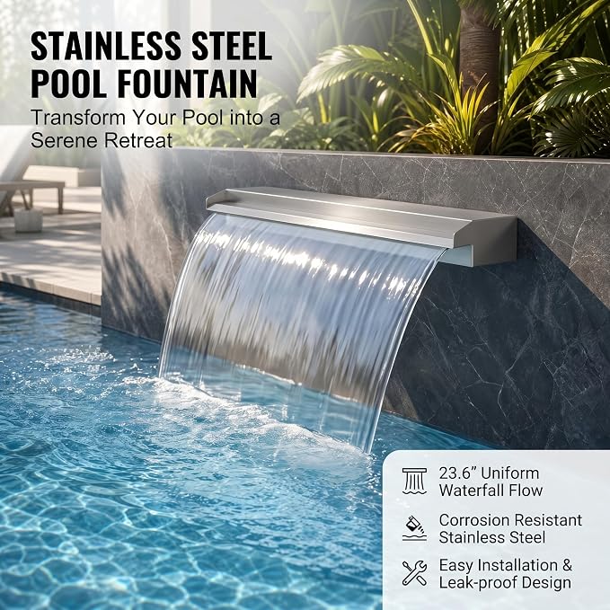 Stainless Steel Pool Fountain Waterfall Sheer Descent, 23.6 Inches Spillway for Swimming Pool, Outdoor Garden Pond, Patio & Backyard Water Feature Decoration(23.6")