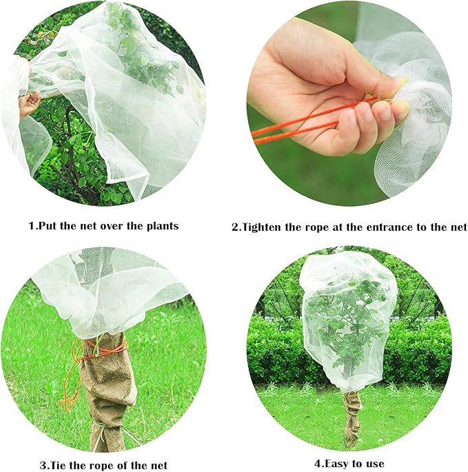 4 Pack Garden Neting Plant Insect Bird Barrier Mesh with Drawstring 4.6Ft x 5.91Ft Mesh Plant Covers Freeze Protection Tomato Barrier Bag for Garden Flower Blueberry Vegetables Fruits Bird Eating