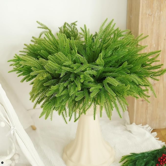 12pcs Christmas Norfolk Pine Branch with Berry Set, 18 Inches Artificial Norfolk Branch 6pack, Faux Berry Stem 6pack,Fake stem Greenery Pine Picks for Indoor Home Vase DIY Outdoor Wreath Decoration