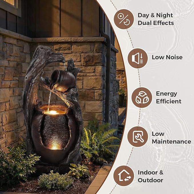 32" H Outdoor Water Fountain, Rustic 2-Tier Clay Pot Water Fountain and Waterfalls with 2 Warm LED Lights, Natural Feature Garden Fountains for Patio, Backyard, Deck, Porch, Home Decor