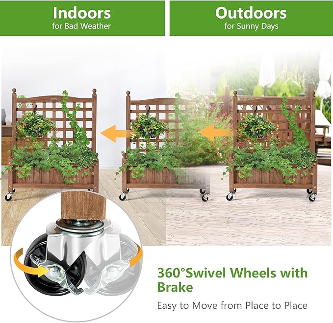 Giantex Set of 2 Mobile Plant Raised Bed, Wood Planter with Lattice Trellis and Wheels, Flower Box for Plant Climbing, Vertical Garden for Balcony Patio Yard, 25"x 11"x 32.5"