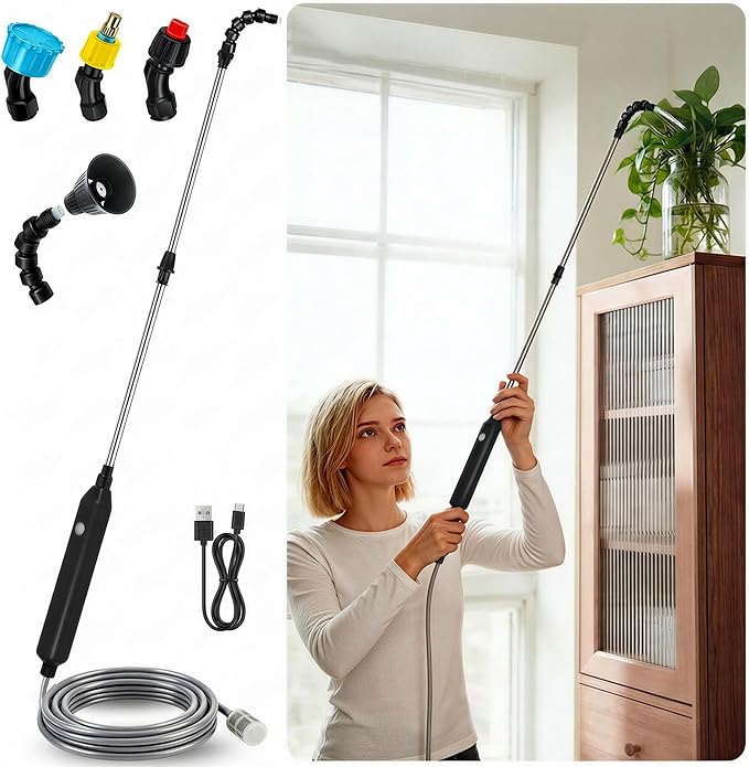 High Reach Plant Waterer USB-C Rechargeable Cordless, Garden Hose Sprayer Wand with Telescopic (34 In),One-Touch Electric Gardening Tools Watering Wand, For High Hanging Plants Watering Devices