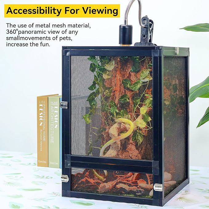 RunDuck 13 Gallon 360° Panoramic Foldable Reptile Terrarium Kit: Crested Gecko Tank and Reptile Cage for Superior Ventilation, Easy Feeding, Sturdiness, and Simple Assembly (Black, 18"x13"x13")