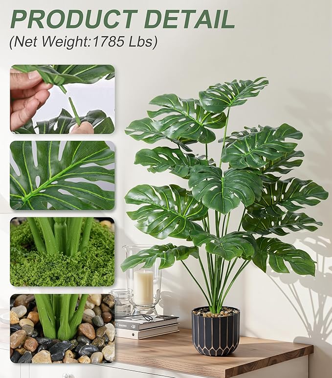 28" Artificial Monstera Plant Tall Fake Faux Plants Indoor Outdoor Tree for Living Room Home House Decoration