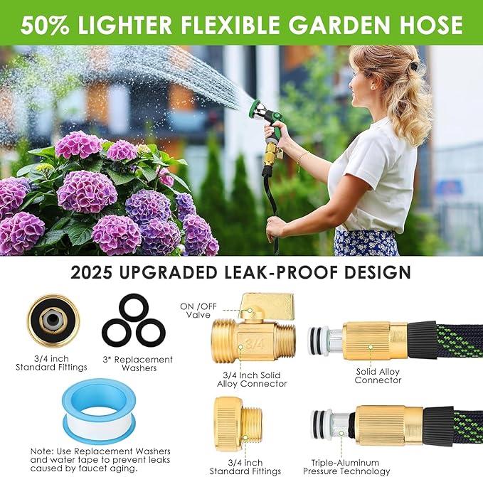 Non-Expandable Garden Hose 150 ft, Ultra Lightweight & Flexible Water Hose With 10-Pattern Spray Nozzle, Full Length Leak-Proof Design, High-Density Fabric & Shut-Off Valve, Hose Straps