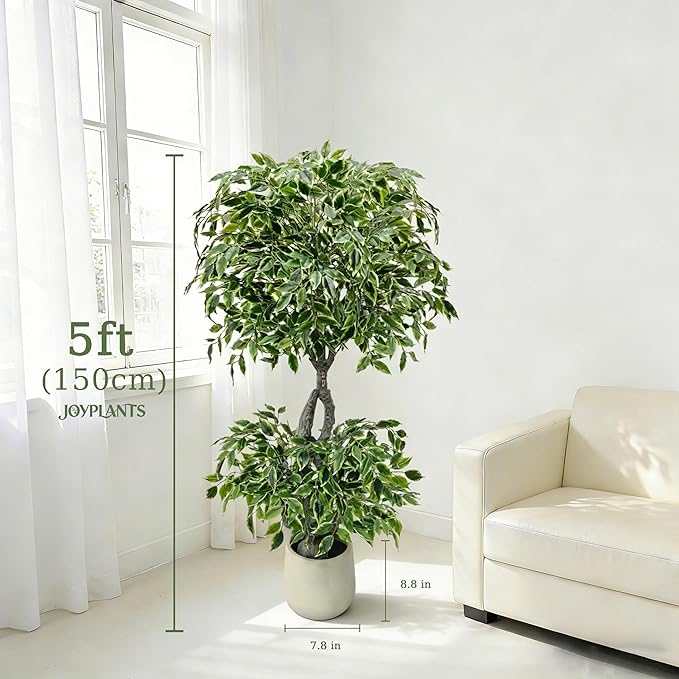 5FT Artificial Ficus Tree Indoor Outdoor, Fake Plants Indoor with White Pot, Realistic White-Edged Leaves Potted Tree for Home Office Decor