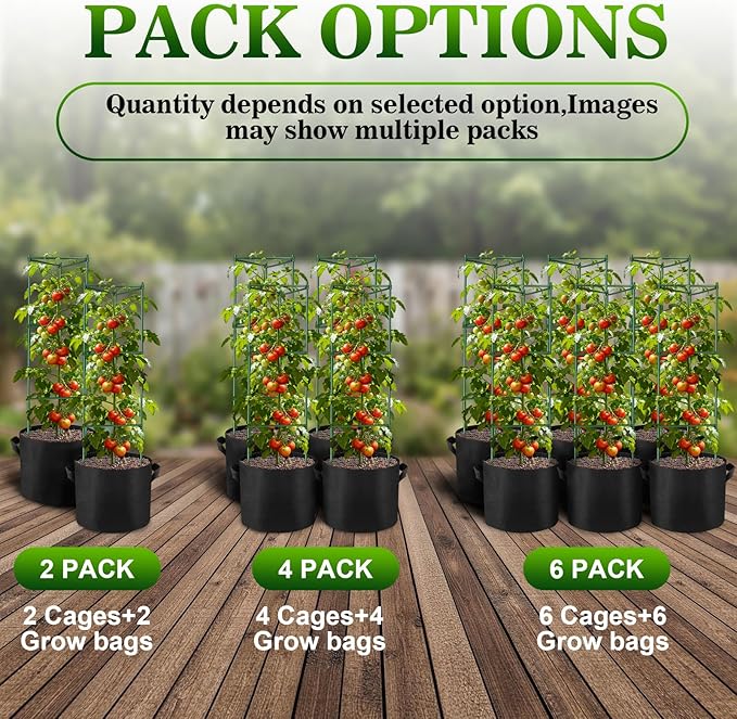 NNG 4 Packs 48 inches Tomato Cages with 10 Gallon Grow Bags,Garden Plant Support Cages,Plant Tower Stakes Garden Trellis for Climbing Plants,Tomato Plant Trellis for Vegetable Fruits Vines (4, Green)