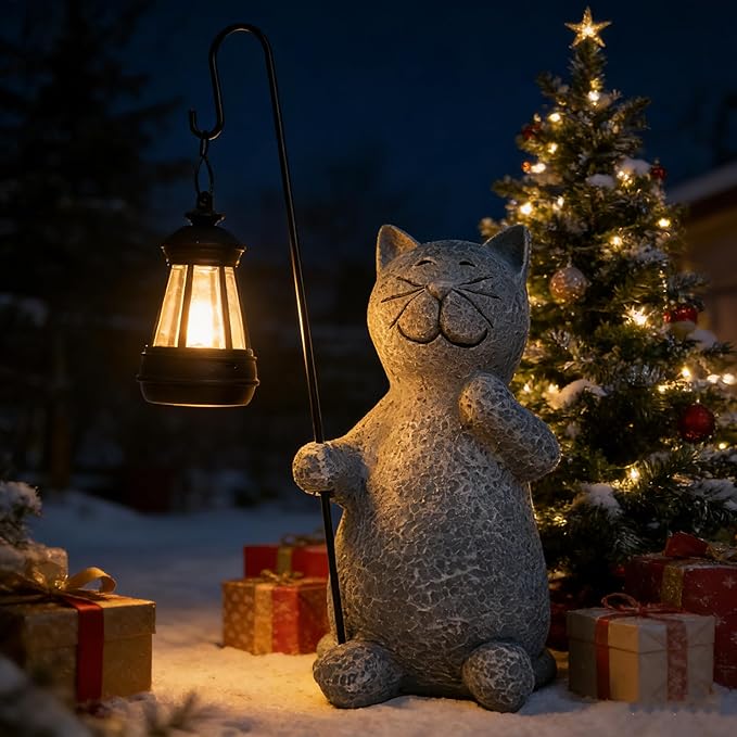 Cat Solar Garden Statues, Resin Cat Figurine Decorations,Outdoor Figurines for Lawn Patio Balcony Yard Ornament, Unique Housewarming and Birthdays Gifts for Mom Women Grandma