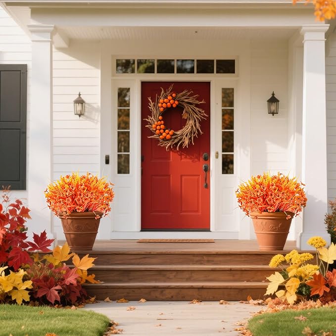 Der Rose 24 Bundles Fall Mums Artificial Flowers for Outdoor Fake Flowers Plants UV Resistant for Home Garden Porch Window Wedding Decor(Orange)