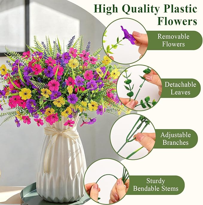 Alupssuc 36 Bundles Artificial Flowers for Outdoors Spring Summer Decoration, UV Resistant Eucalyptus Violet and Lavender Silk Fake Plants for Outside Indoor Yard Home Patio Decor, Yellow Rose Purple