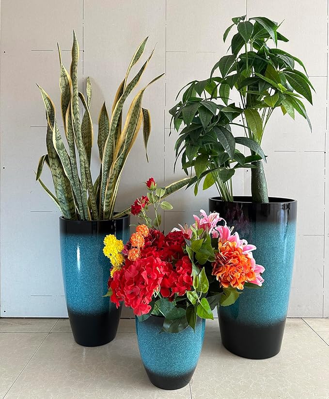 24/21/11 Inch Tall Planter Pots Garden Plastic Planters - Set of 3 for Indoor & Outdoor Use - Decorative Lightweight Flower Pots
