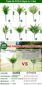 24 Bundles 6 Styles Artificial Plants Flowers for Outdoors Spring Summer Decor, UV Resistant No Fade Faux Plants Plastic Greenery Shrubs, Fake Fern Lavender Boxwood for Gardens Porch Yards Home Decor
