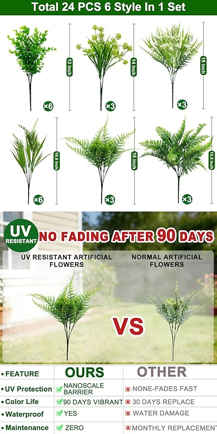 24 Bundles 6 Styles Artificial Plants Flowers for Outdoors Spring Summer Decor, UV Resistant No Fade Faux Plants Plastic Greenery Shrubs, Fake Fern Lavender Boxwood for Gardens Porch Yards Home Decor