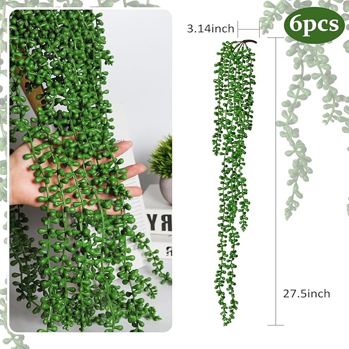 RECUTMS 6pcs Artificial Hanging Succulents Fake String of Pearls Plant Faux Greenery Wall Plants for Spring Summer Indoor Outdoor Home Bedroom Patio Garden Wedding Graduation Party Decor