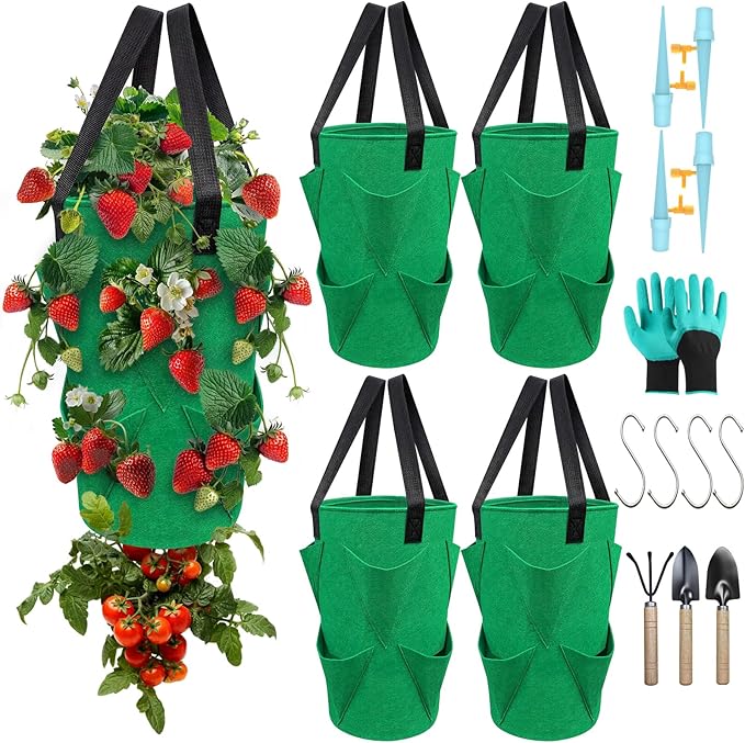 4Pack Upside Down Strawberry Tomato Planter Hanging Growing Kit Outdoor Indoor with 4 Hooks 3 Gallon Cloth Fabric Cherry Tomato Strawberry Vegetable Vertical Hanging Garden Planting Planter Grow Bags