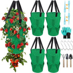 4Pack Upside Down Strawberry Tomato Planter Hanging Growing Kit Outdoor Indoor with 4 Hooks 3 Gallon Cloth Fabric Cherry Tomato Strawberry Vegetable Vertical Hanging Garden Planting Planter Grow Bags