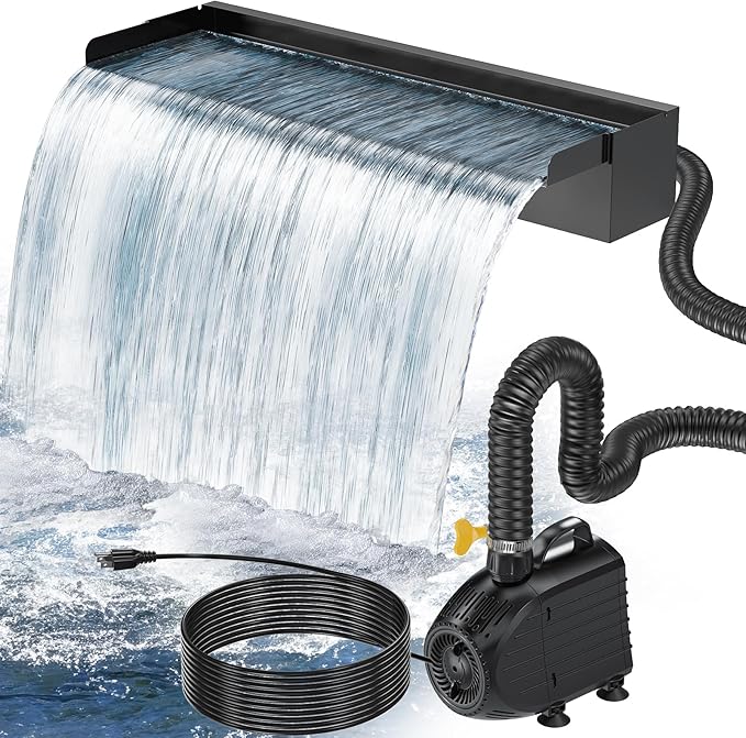 POPOSOAP 24 Inch Pond Waterfall Spillway with 1200GPH Pump, 304 Stainless Steel Pond Waterfall Kit with 9.8FT Corrugated Tube, Pond Waterfall Box for Outdoor Pond Waterfall System Garden Decor-P46