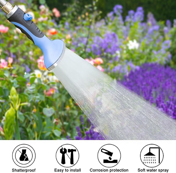 Dreyoo Fan Spray Nozzle for Garden Hose, Heavy Duty Garden Hose Head Spray for Watering Wand with Flow Control and Ergonomic Insulated Grip, Blue (1 Pack)