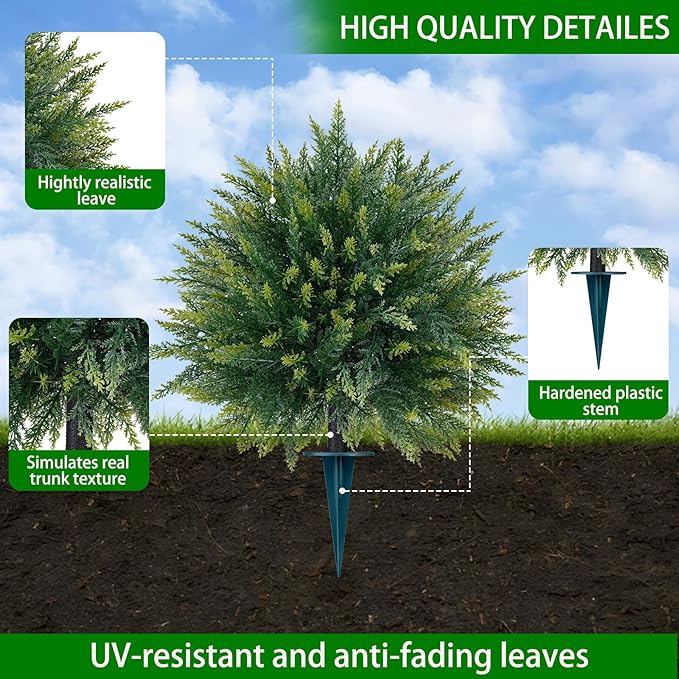 Yangrass 4PCS Artificial Cedar Topiary Ball Trees 23" for Outdoors with Ground Spike, UV Resistant Artificial Cypress Trees, Evergreen Shrubs Bushes Faux Plants for Front Porch Garden Backyard
