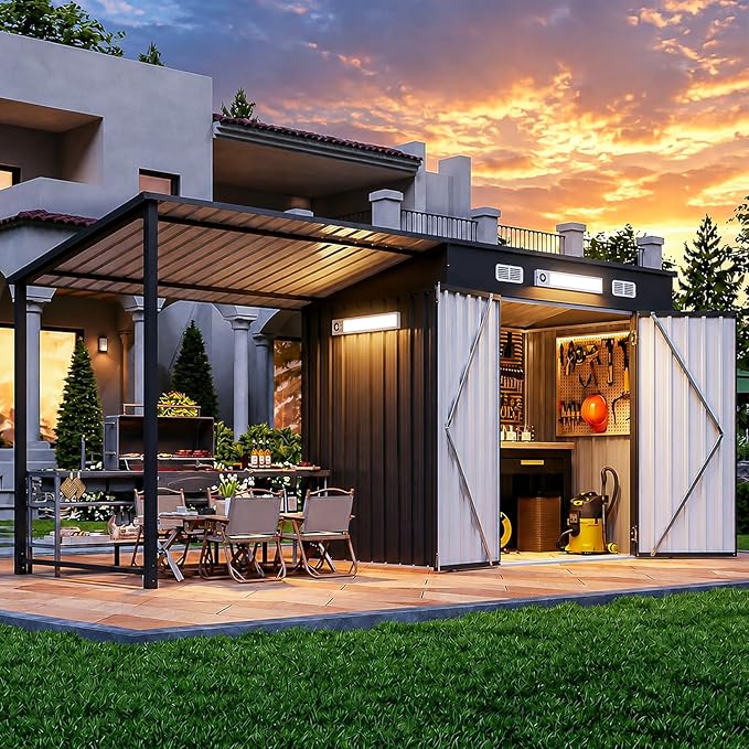 Aoxun 6x4FT Outdoor Storage Shed & Hardtop Gazebo Combo with Magnetic Sensor Lights, 12x4FT Metal Lean to Shed with Pergola, 2-in-1 Durable Garden Tool Shed for Patio, Backyard, Deck