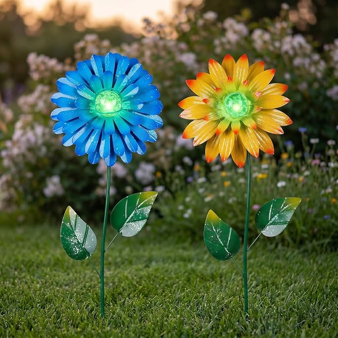 Topadorn Glow in The Dark Flower Garden Stakes – Set of 2, 25" Metal Light-Up Yard Decor with Swaying Flower Design, Outdoor Garden & Pathway Decoration