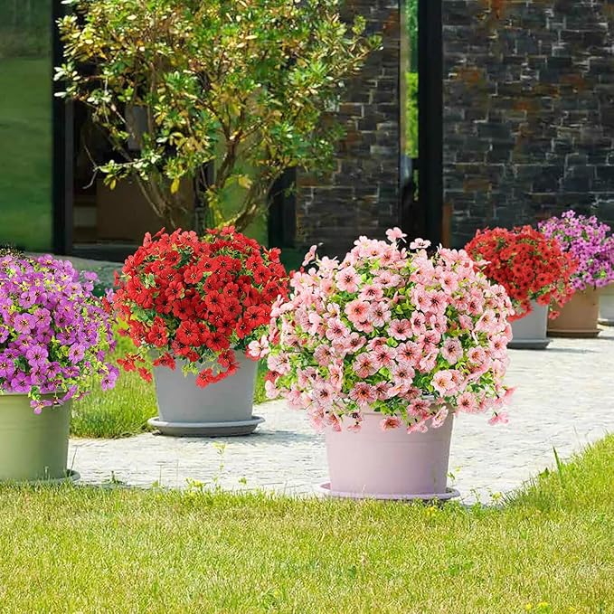 ATTGREAT Artificial Flowers Outdoor Faux Plants UV Resistant Fake Patio Flowers Plastic Greenery Plnats Outside Bulk for Spring Garden Hanging Planter Home Vase Decor, 24 Bundles (Pink)