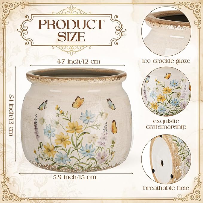 Vintage Large Ceramic Planter with Butterfly Bliss Pattern Warm Yellow Ice Crack Finish Antique Cottage Flower Vase Pot for Indoor Plants Farmhouse Home Kitchen Office Decor