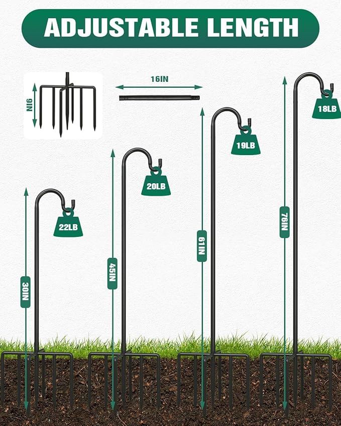 Breeze Touch 1Pack 76 Inch Adjustable Shepherd Hooks for Outdoor Outside, Heavy Duty with 7 Prongs Base, for Hanging Lantern, Hummingbird Feeder, Lightweight Plant, Wind Chime, Bird Feeder Hanger