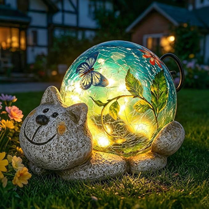 Afirst Solar Garden Statues Outdoor Figurines - Cat Lawn Ornament with Solar Lights Cracked Glass Outdoor Decor for Patio Yard Decorations