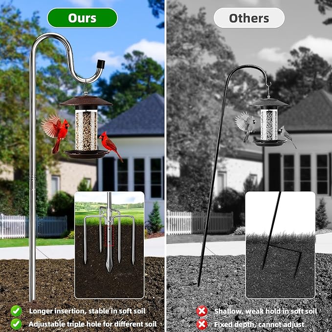 COCONUT Shepherds Hook, 62 Inches Shepherds Hook with 5 Prongs Base Stainless Steel Adjustable Garden Hanging Holder for Bird Feeders Lanterns Planting Hanger Weddings Decor, Silver