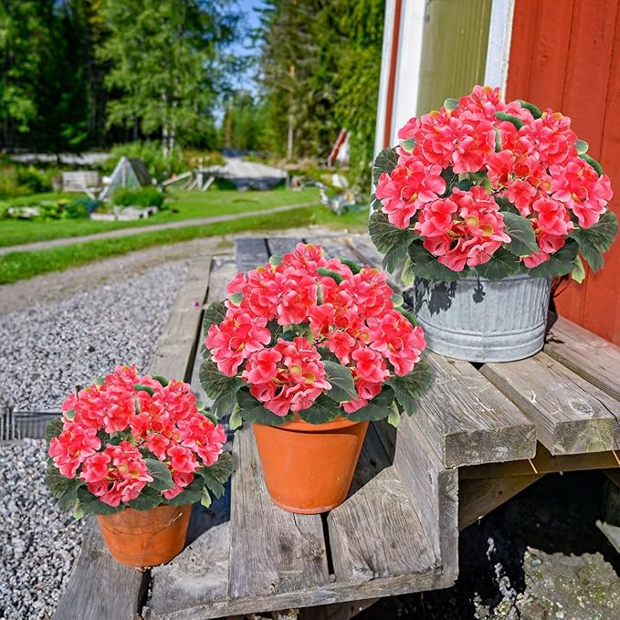 2 Pack Artificial Geranium Fake Flowers for Outdoors Spring Summer Decor, Silk Geraniums Flowers UV Resistant Faux Flower Potted Plants for Gardens Farmhouse Indoor Home Table Decor (Rose Red)