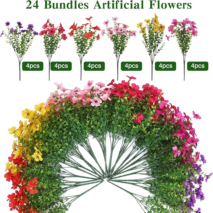 CEWOR 24 Bundles Artificial Flowers for Outdoor Indoor, Fake Silk Daisy with Eucalyptus Leaves, Faux Flower for Garden Front Door Porch Planter Patio Home Decor (6 Multicolor)