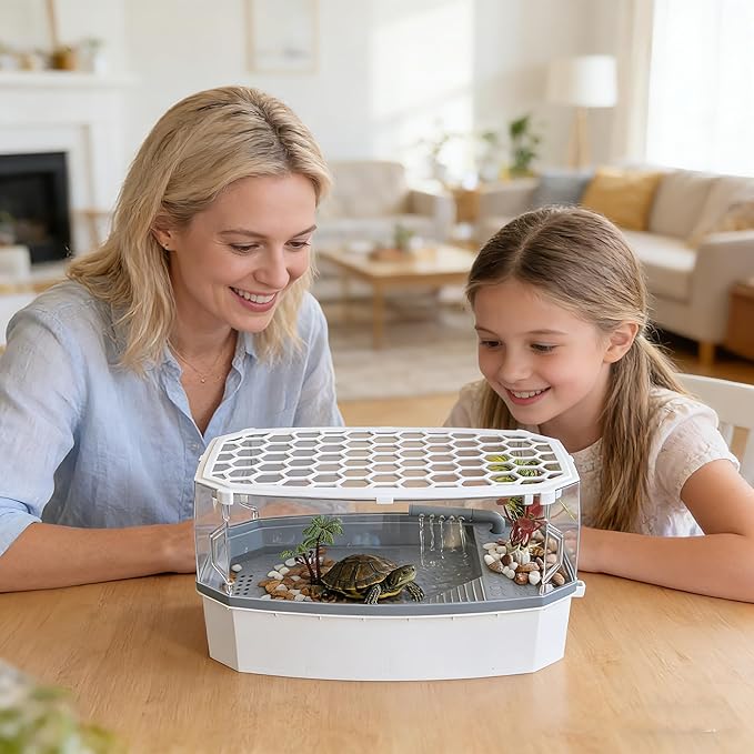 Escape-Proof 3 Gallon Turtle Tank Kit for Hatchlings - Compact Acrylic Aquarium with Basking Platform & Filter, Multi-Zone Desktop Habitat, Easy Clean