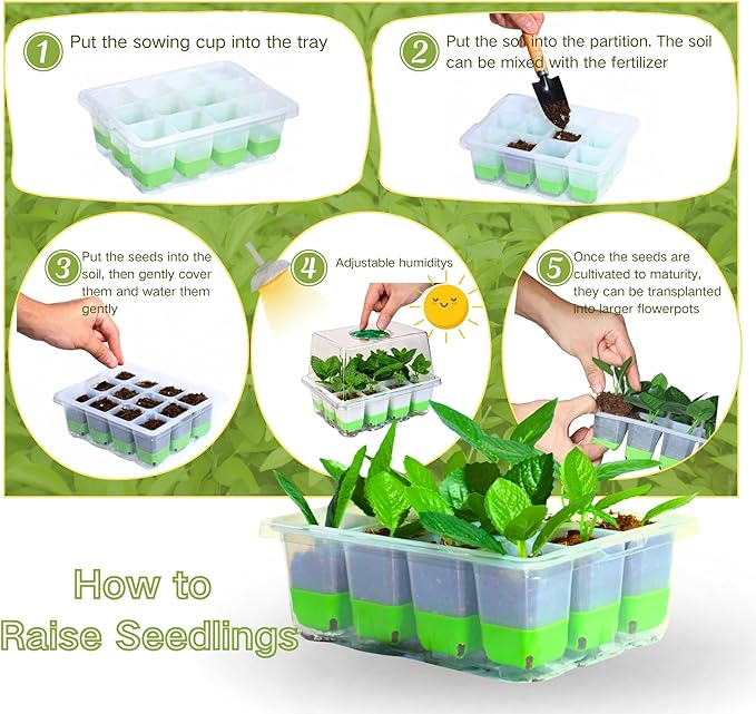Silicone Seed Starter Tray with Humidity Dome, Indoor Seedling Starter Kit, 5-Pack Flexible Germination Trays - Adjustable Vent, Reusable & Dishwasher Safe for Herbs/Vegetables/Flowers