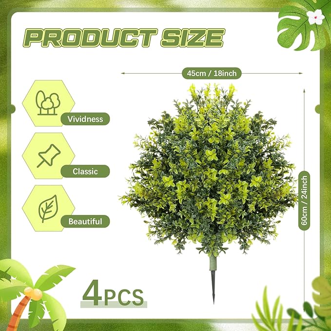CroBlissful 4 Pack Artificial Boxwood Topiary Ball 24'' Faux Boxwood Tree with Ground Spike UV Resistant Evergreen Bush Fake Outdoor Plants for Front Door Porch Garden Yard Wedding Indoor Decor