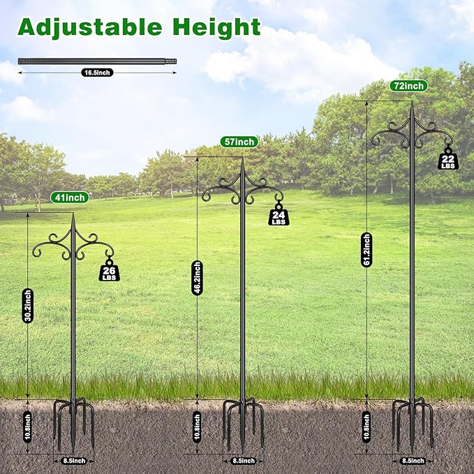 Heavy Duty Double Shepherd Hooks for Outdoor with 5-Prong Base, 72inch Adjustable Decorative Metal Bird Feeder Pole for Hanging Bird Nests, Plant Baskets, Solar Lights, Lanterns, 1 Pack