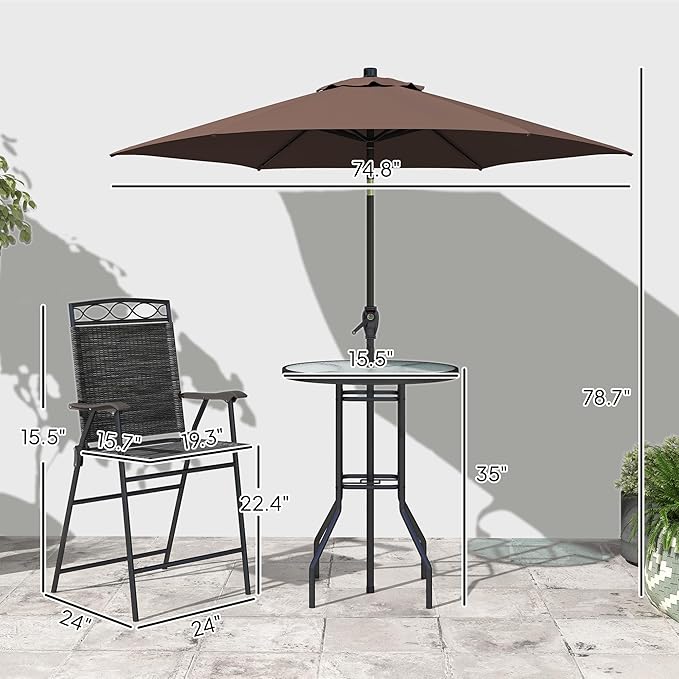 Outsunny 4 Piece Outdoor Patio Dining Furniture Set, 2 Folding Chairs, Adjustable Angle Umbrella, Wave Textured Tempered Glass Dinner Table, Black
