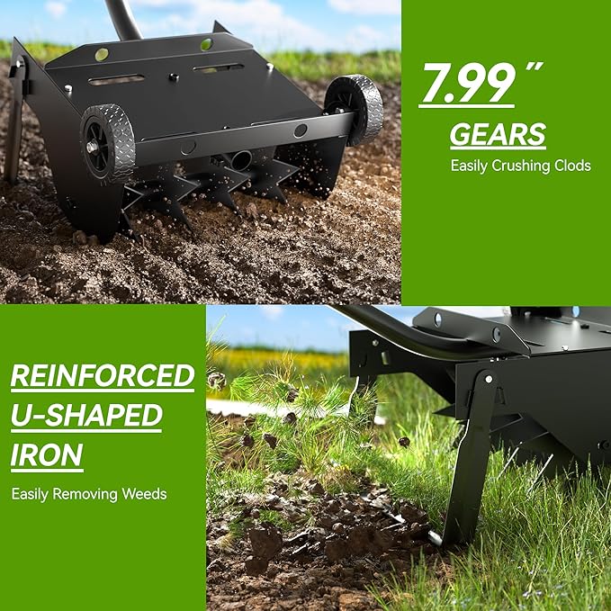 Lineware 9-Inch Lawn Aerator,Heavy Duty Push Spike Aerator with 2 Wheels,Aerator Lawn Tool with Steel Handle, Manual Aerator Lawn Tool with Foam Armrests, Suitable for Lawn, Garden and Yard