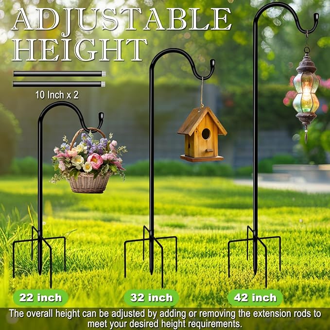 Shepherds Hooks for Outdoor 42 Inch Garden Bird Feeder Pole with 5 Prongs Base Adjustable for Hanging Flower Basket Plant Pot Solar Lantern Light Wind Chime Hanger for Wedding Decor 2 Pack