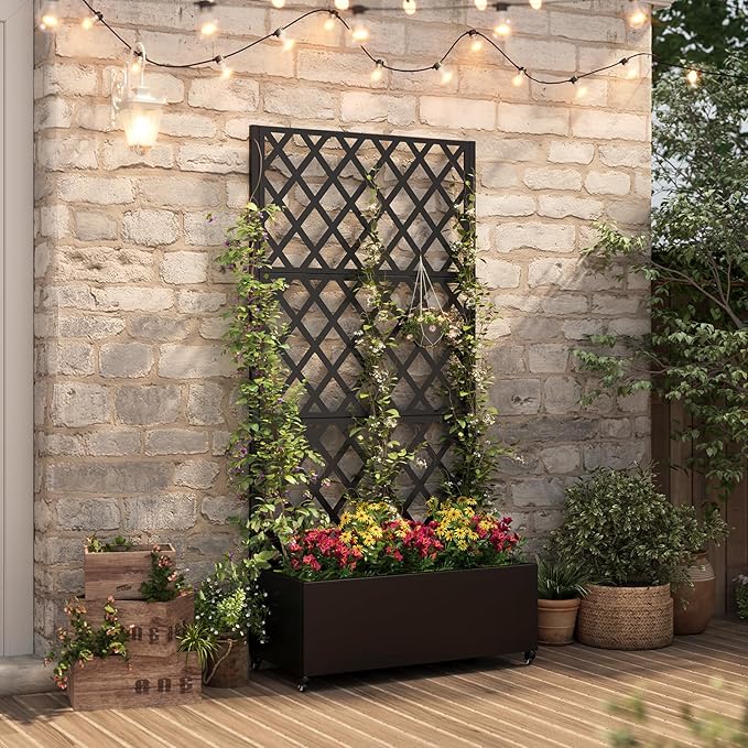 Metal Planter Box with Trellis,72"x35"x15",Galvanized Raised Garden Bed Trellis Outdoor Planter with Privacy Screen & Wheels and Drainage Holes,for Patio Climbing Vegetables,Flowers,Vines,Black